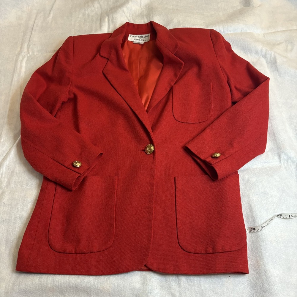 Lynn Greene Richard Neal Blazer Wool Red Gold Button Vintage Crest Classic 10